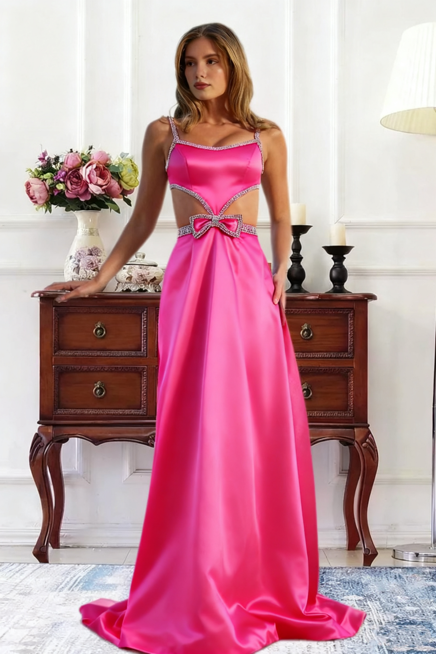 Dressime A Line Straps Satin Cutout Rhinestones Long Prom Dress With Bow