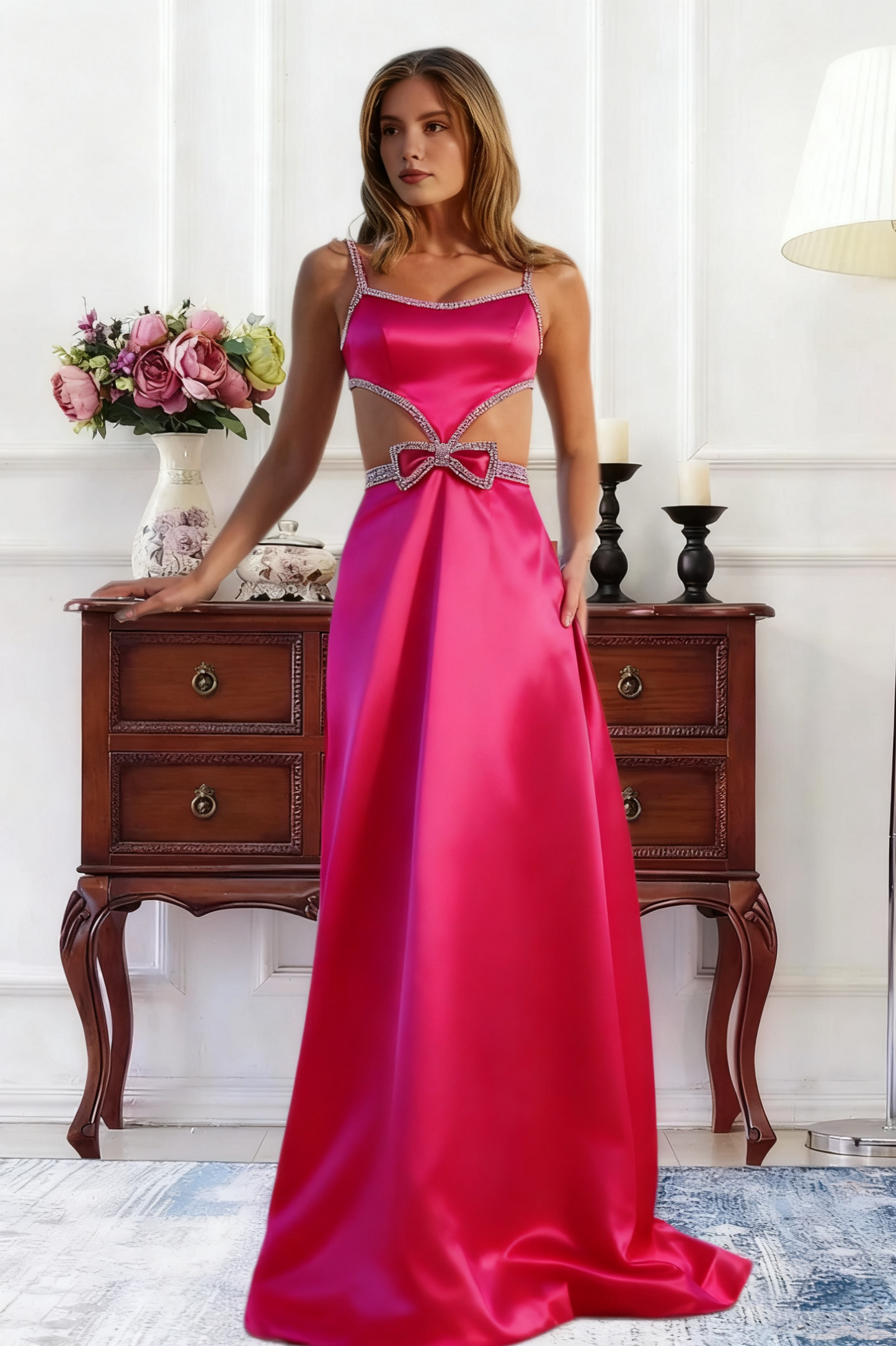 Dressime A Line Straps Satin Cutout Rhinestones Long Prom Dress With Bow
