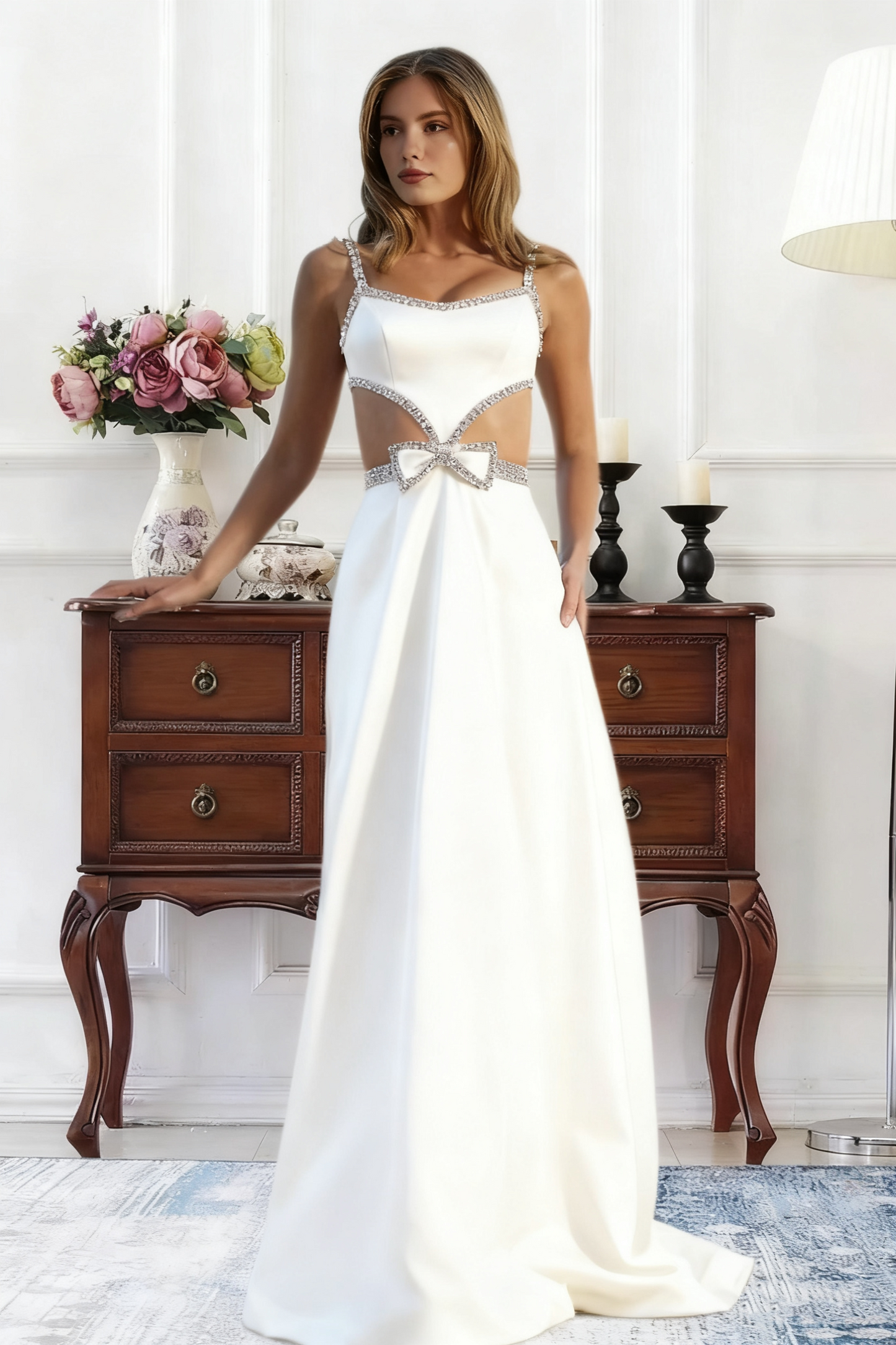 Dressime A Line Straps Satin Cutout Rhinestones Long Prom Dress With Bow