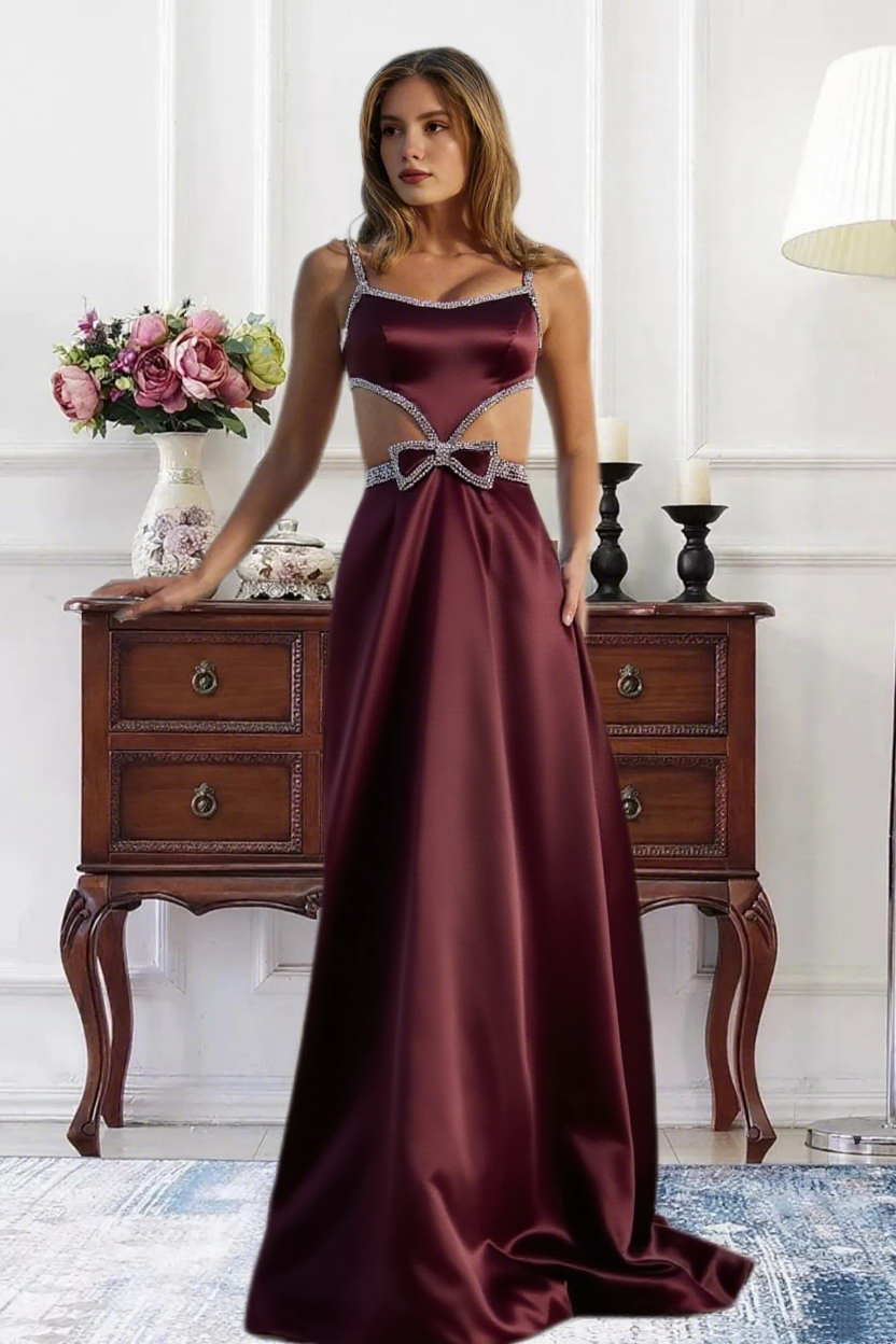 Dressime A Line Straps Satin Cutout Rhinestones Long Prom Dress With Bow