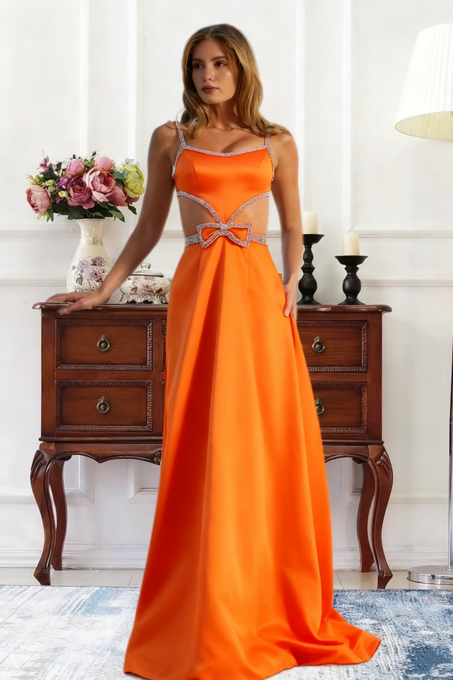 Dressime A Line Straps Satin Cutout Rhinestones Long Prom Dress With Bow