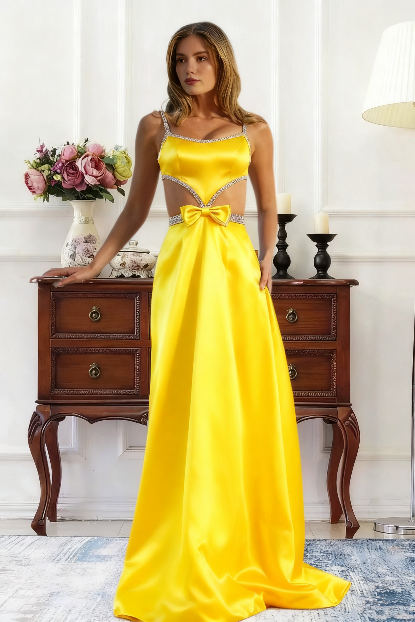 Dressime A Line Straps Satin Cutout Rhinestones Long Prom Dress With Bow