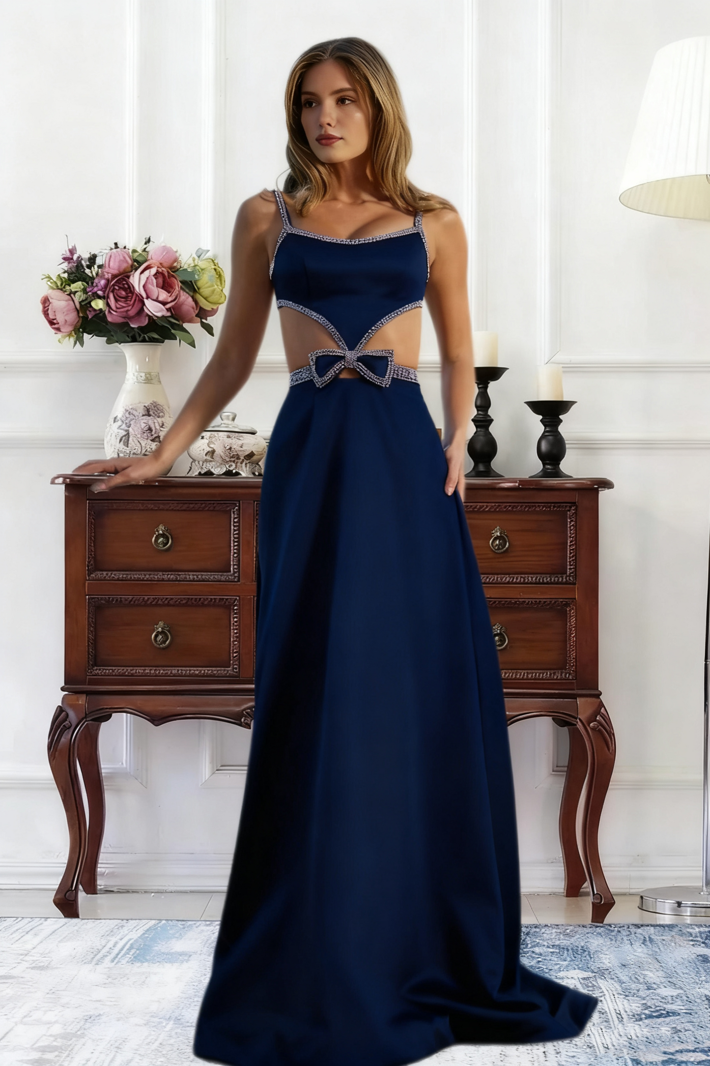 Dressime A Line Straps Satin Cutout Rhinestones Long Prom Dress With Bow