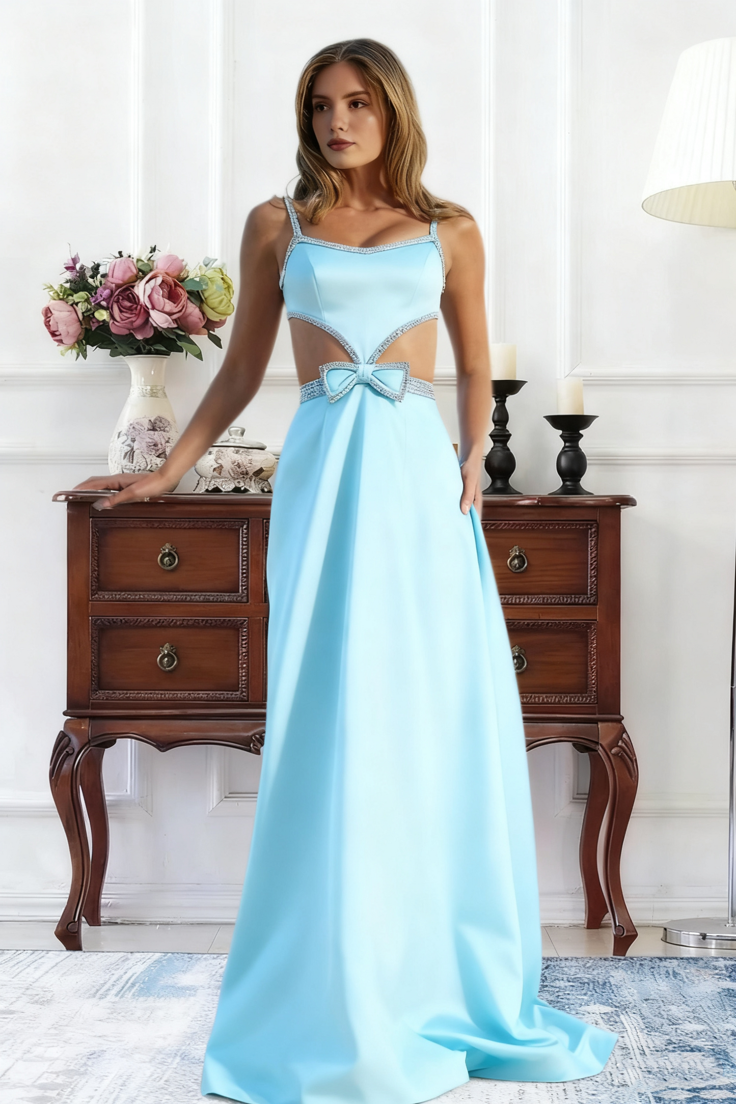 Dressime A Line Straps Satin Cutout Rhinestones Long Prom Dress With Bow