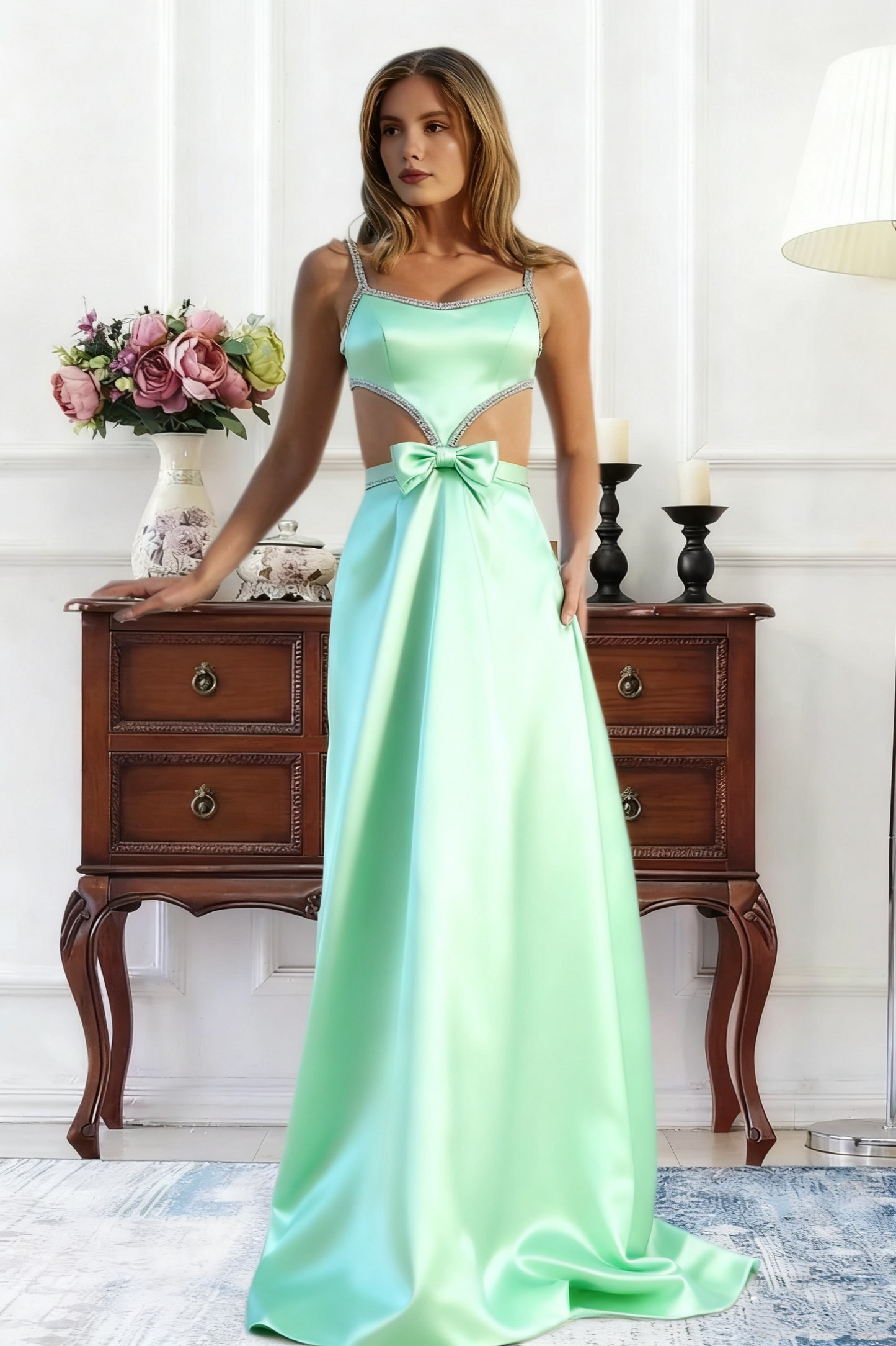 Dressime A Line Straps Satin Cutout Rhinestones Long Prom Dress With Bow
