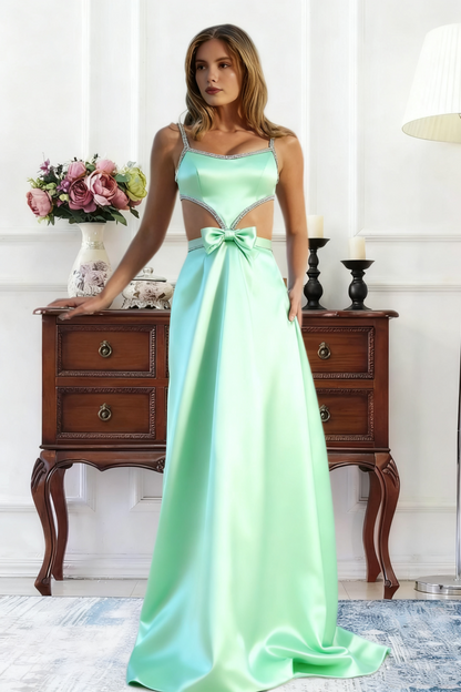 Dressime A Line Straps Satin Cutout Rhinestones Long Prom Dress With Bow