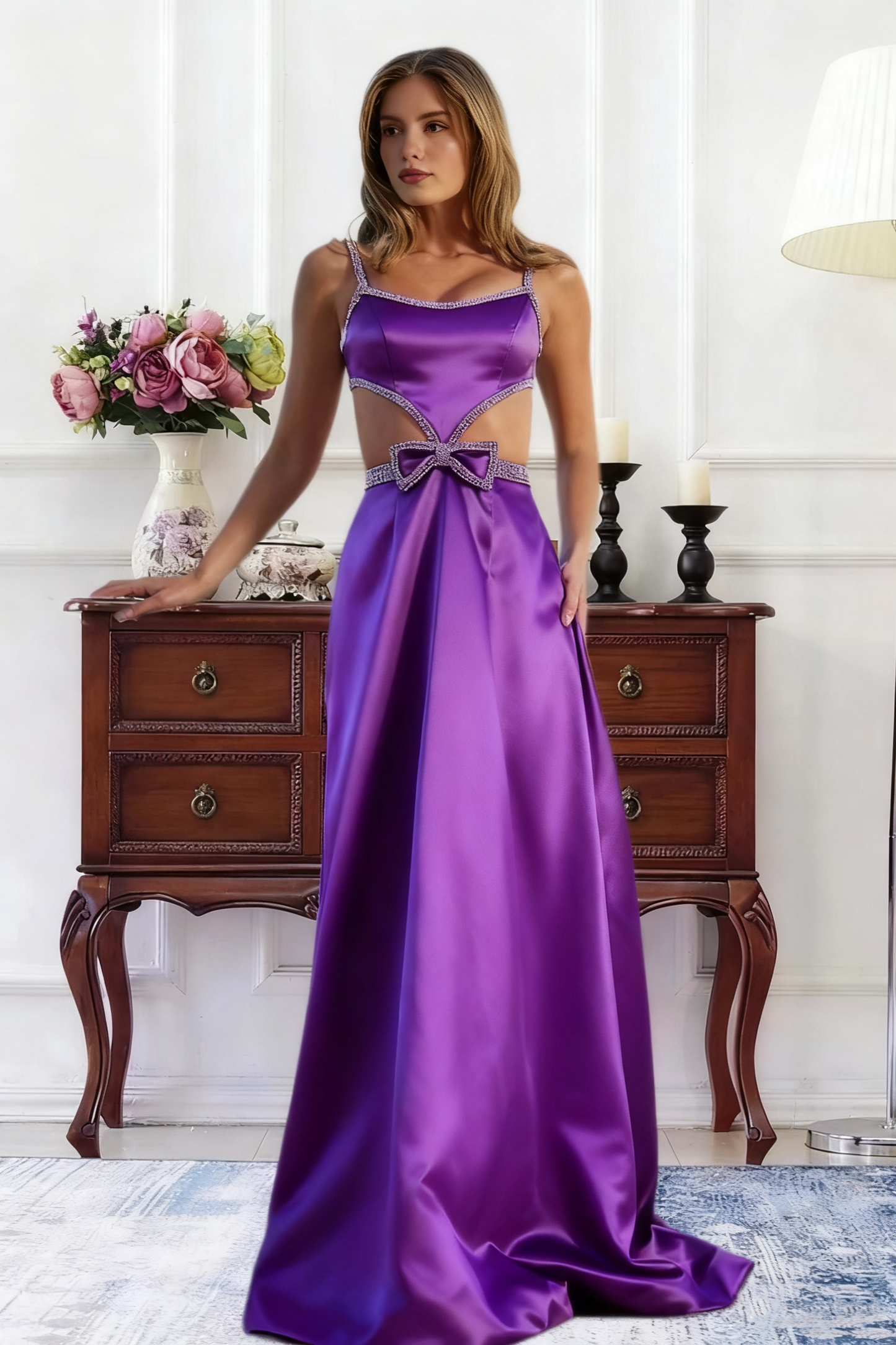 Dressime A Line Straps Satin Cutout Rhinestones Long Prom Dress With Bow