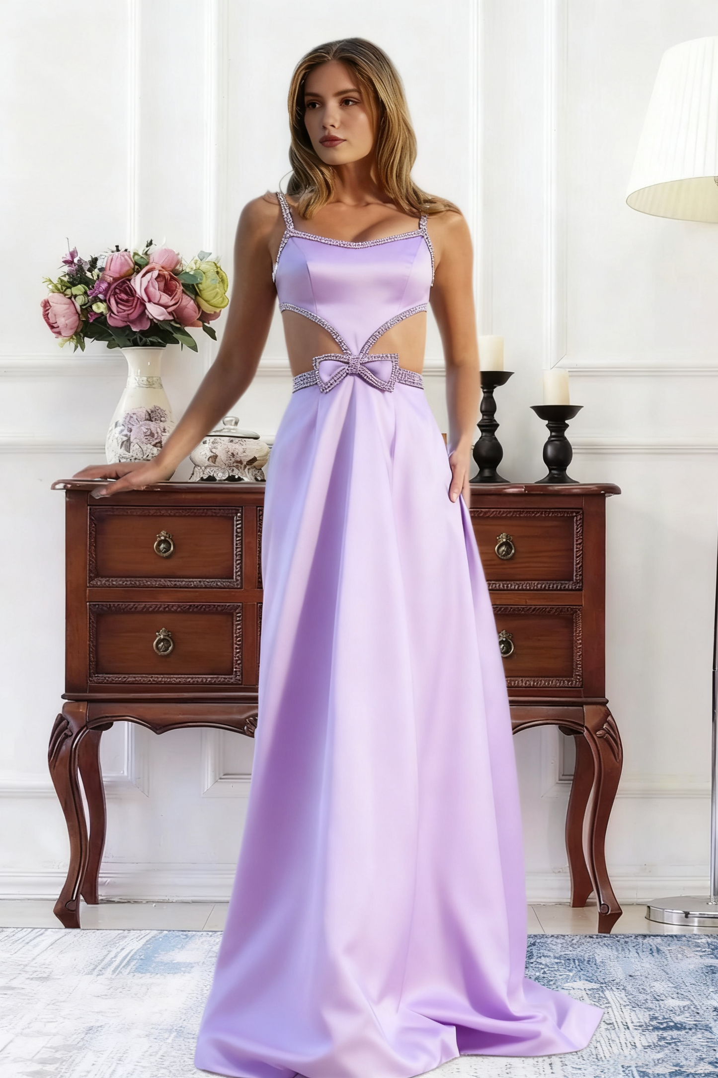 Dressime A Line Straps Satin Cutout Rhinestones Long Prom Dress With Bow