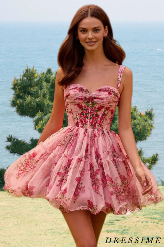 Dressime A Line Straps Corset Bodice Tulle Printed Short/Mini Homecoming Dress