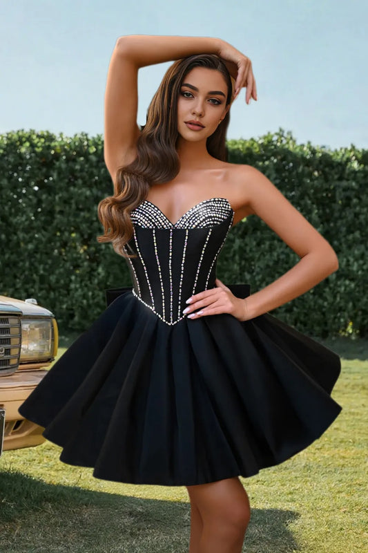 Dressime A Line Sweetheart Beaded Corset Bow Sain Mini Homecoming Dress