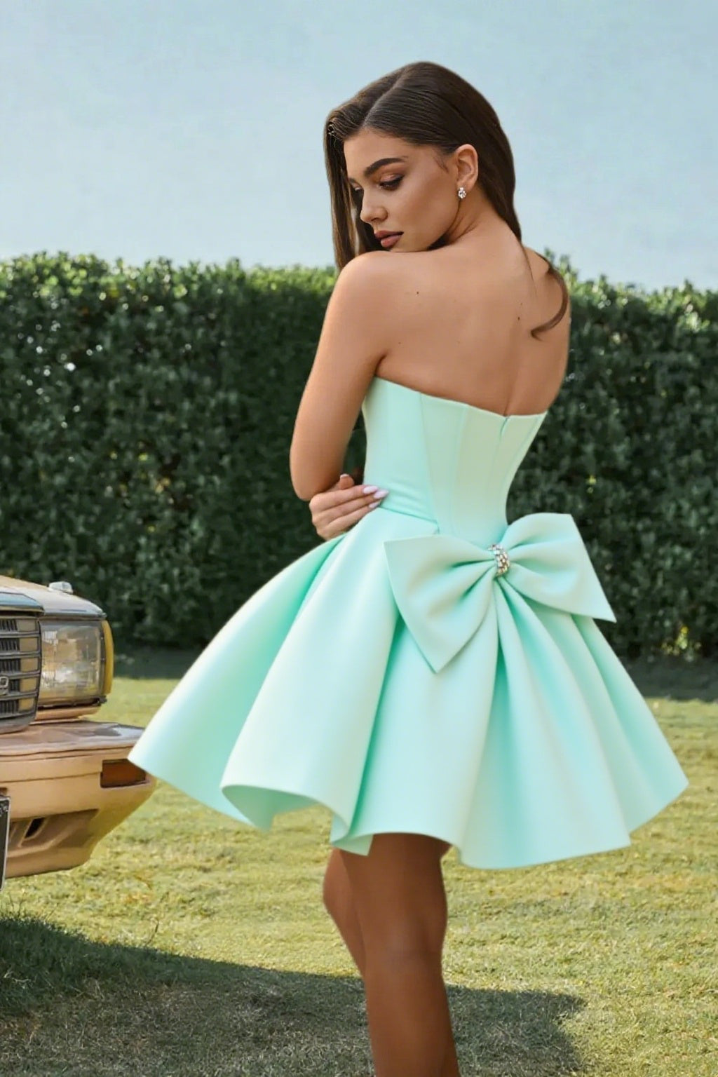 Dressime A Line Sweetheart Beaded Corset Bow Sain Mini Homecoming Dress
