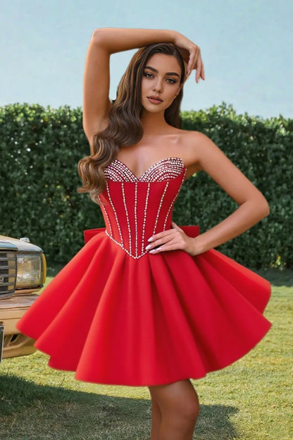 Dressime A Line Sweetheart Beaded Corset Bow Sain Mini Homecoming Dress