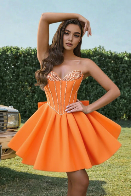 Dressime A Line Sweetheart Beaded Corset Bow Sain Mini Homecoming Dress