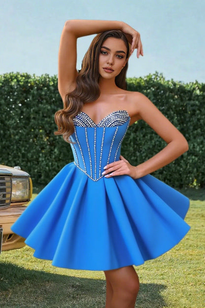Dressime A Line Sweetheart Beaded Corset Bow Sain Mini Homecoming Dress