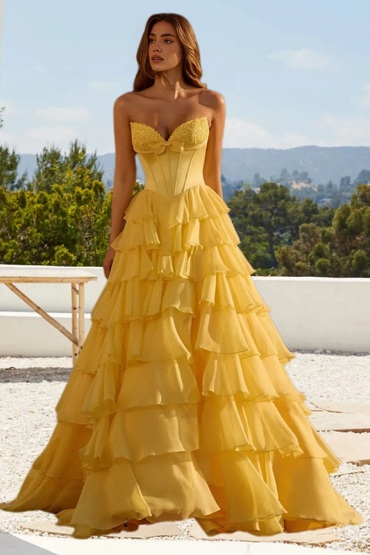 Dressime A Line Sweetheart Bow Appliques Chiffon Corset Tiered Long Prom Dress