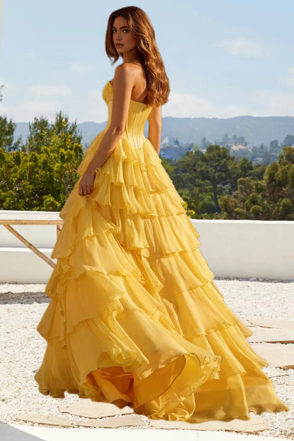 Dressime A Line Sweetheart Bow Appliques Chiffon Corset Tiered Long Prom Dress