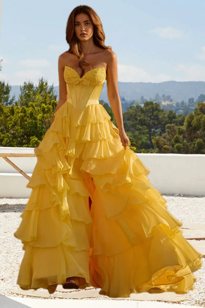 Dressime A Line Sweetheart Bow Appliques Chiffon Corset Tiered Long Prom Dress