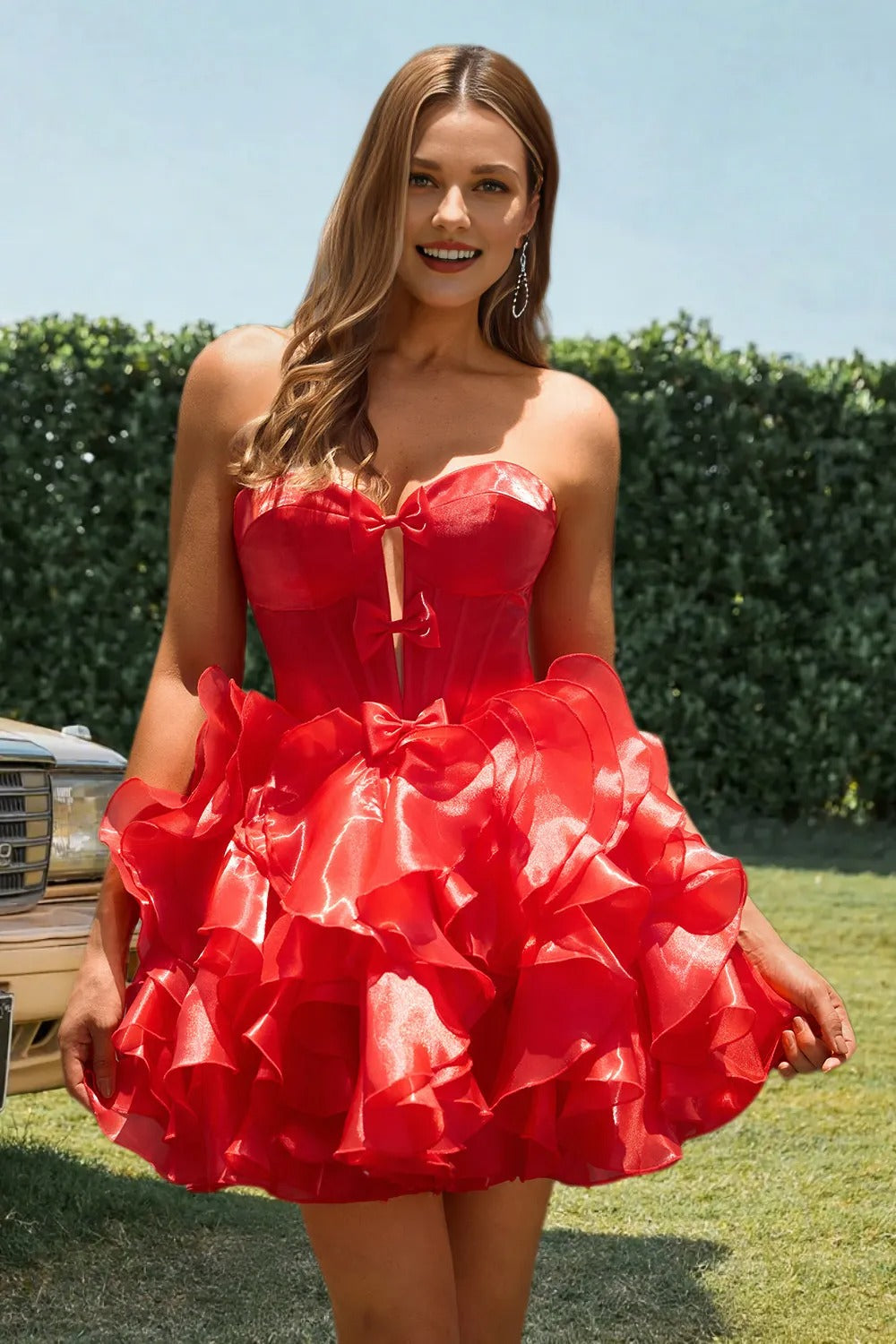 Dressime A Line Sweetheart Bow Corset Tiered Mini Homecoming Dress