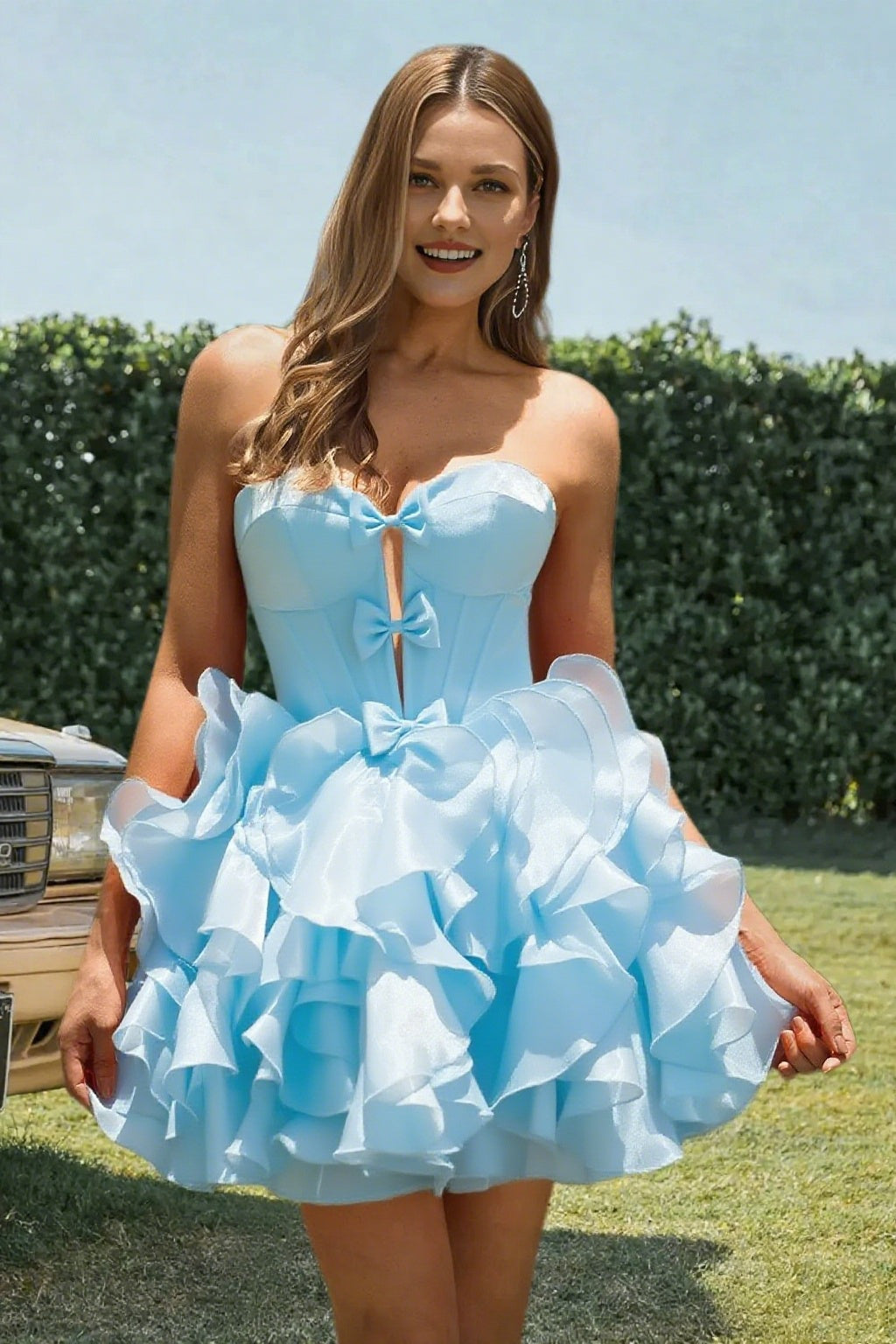 Dressime A Line Sweetheart Bow Corset Tiered Mini Homecoming Dress