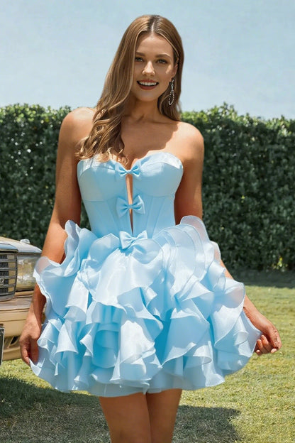 Dressime A Line Sweetheart Bow Corset Tiered Mini Homecoming Dress