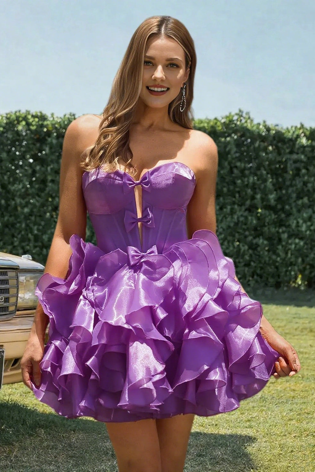 Dressime A Line Sweetheart Bow Corset Tiered Mini Homecoming Dress