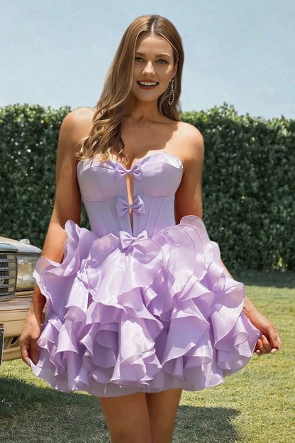 Dressime A Line Sweetheart Bow Corset Tiered Mini Homecoming Dress