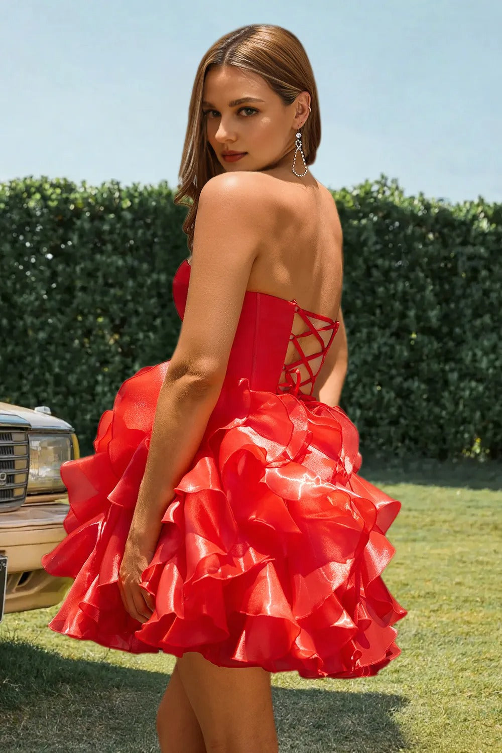 Dressime A Line Sweetheart Bow Corset Tiered Mini Homecoming Dress