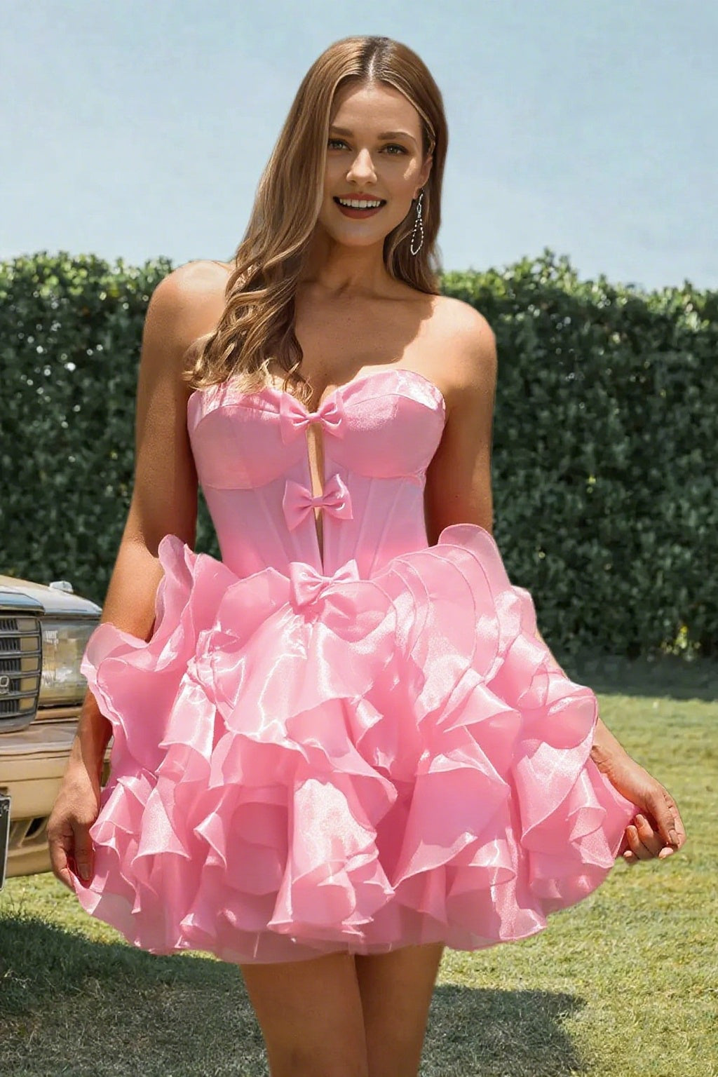 Dressime A Line Sweetheart Bow Corset Tiered Mini Homecoming Dress