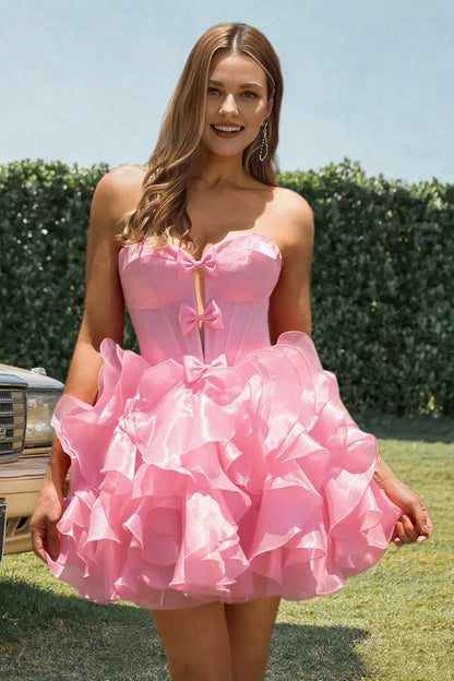 Dressime A Line Sweetheart Bow Corset Tiered Mini Homecoming Dress