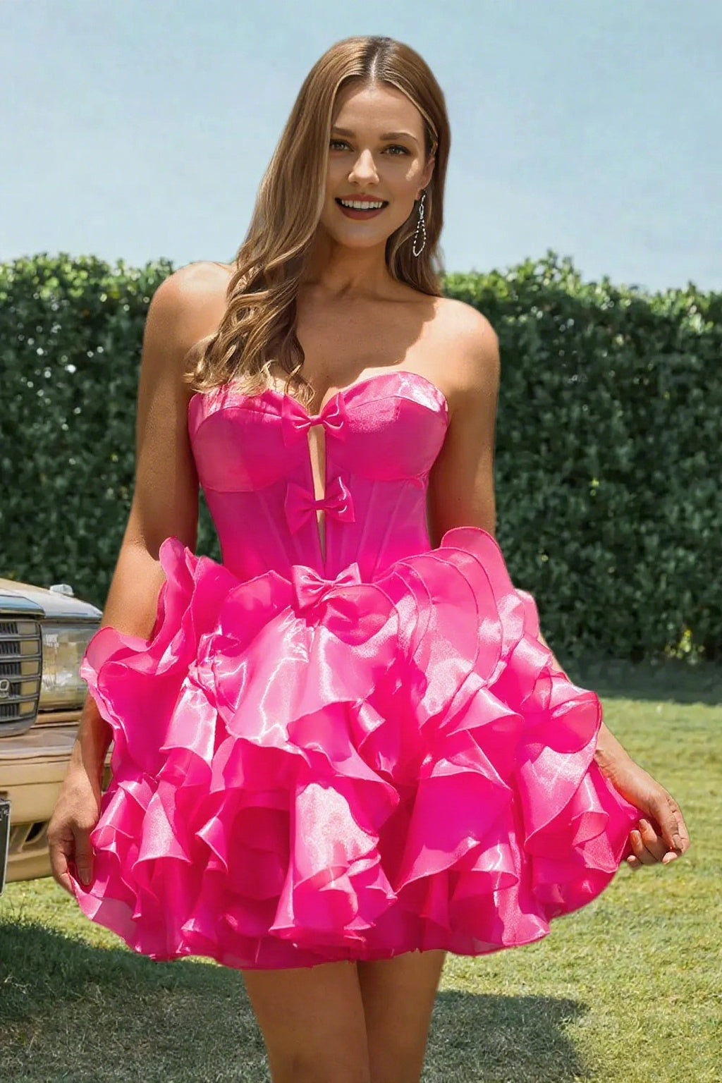 Dressime A Line Sweetheart Bow Corset Tiered Mini Homecoming Dress