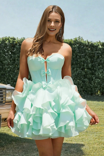 Dressime A Line Sweetheart Bow Corset Tiered Mini Homecoming Dress