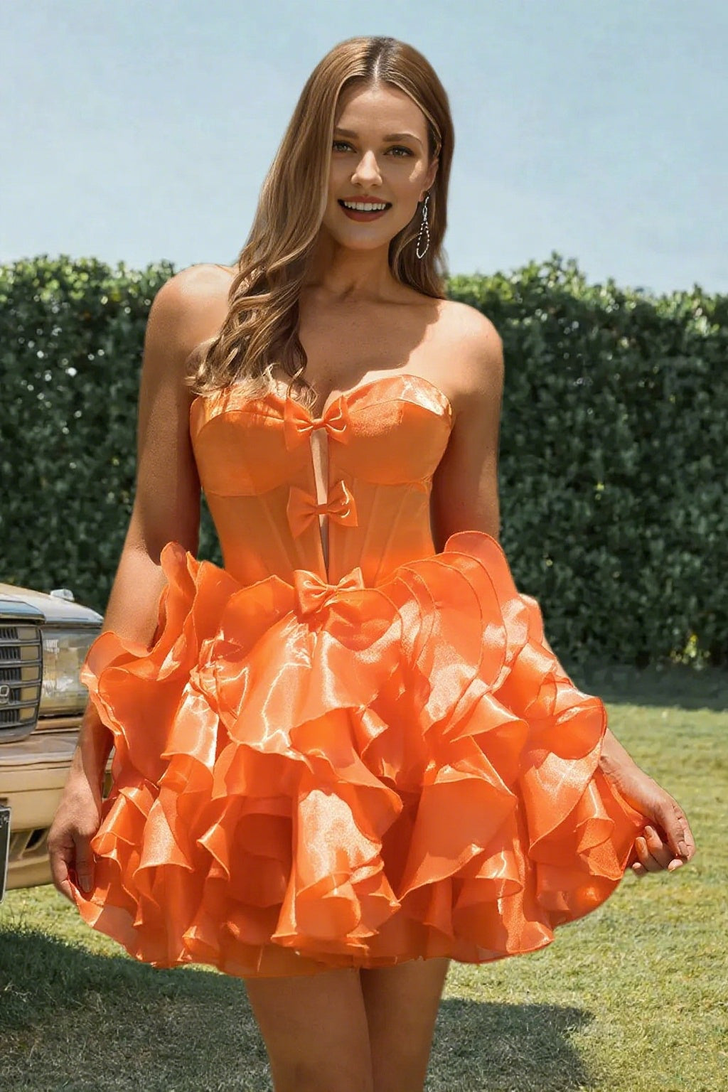 Dressime A Line Sweetheart Bow Corset Tiered Mini Homecoming Dress