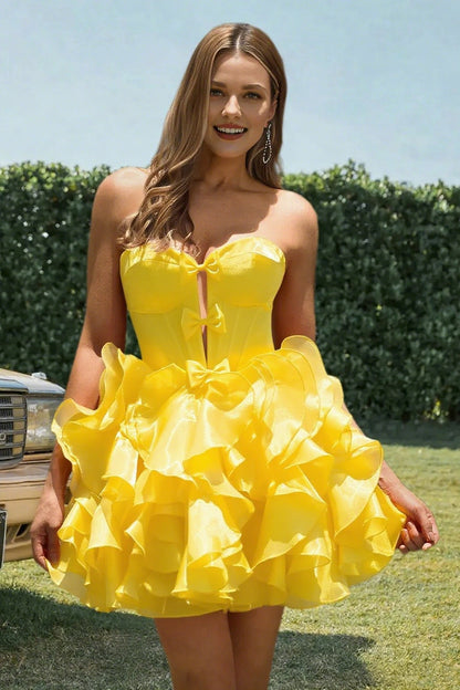 Dressime A Line Sweetheart Bow Corset Tiered Mini Homecoming Dress
