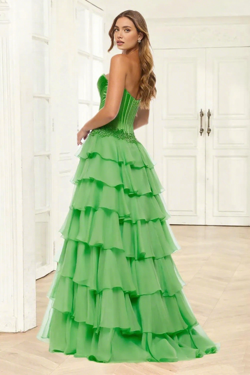 Dressime A Line Sweetheart Corset Ruffled Tiered Long Prom Dress With Appliques