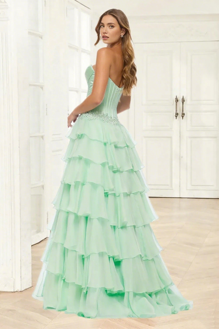 Dressime A Line Sweetheart Corset Ruffled Tiered Long Prom Dress With Appliques