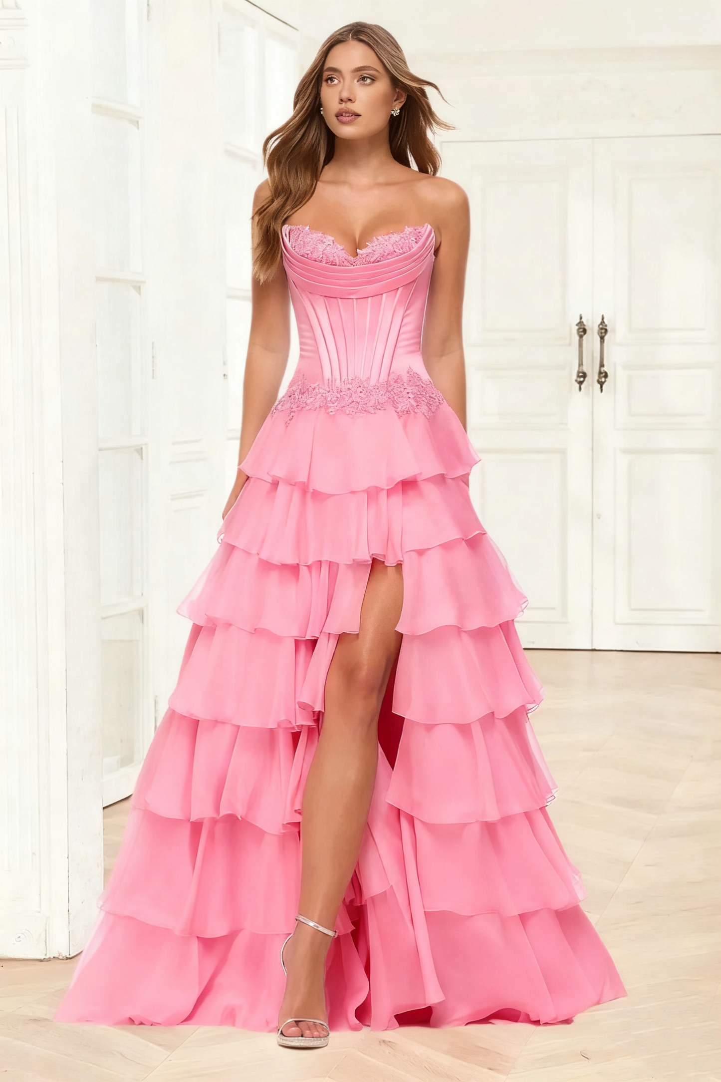 Dressime A Line Sweetheart Corset Ruffled Tiered Long Prom Dress With Appliques