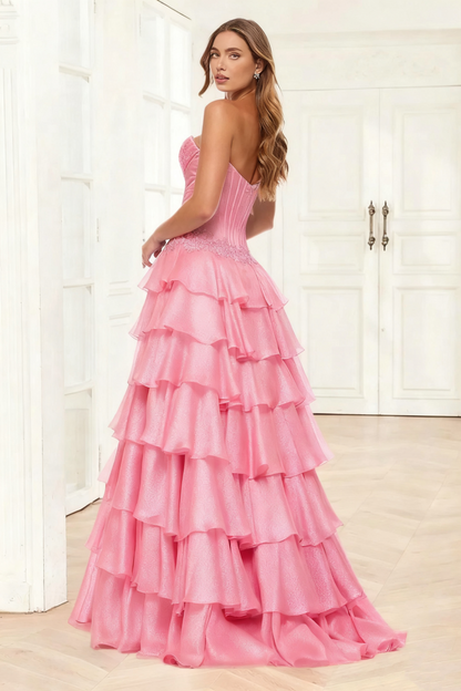 Dressime A Line Sweetheart Corset Ruffled Tiered Long Prom Dress With Appliques