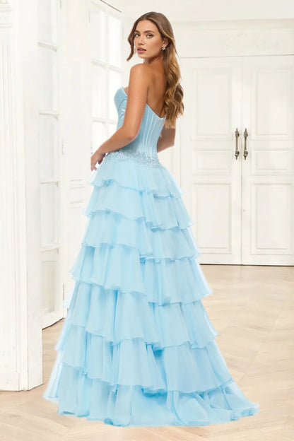 Dressime A Line Sweetheart Corset Ruffled Tiered Long Prom Dress With Appliques