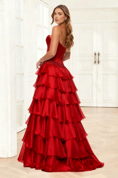 Dressime A Line Sweetheart Corset Ruffled Tiered Long Prom Dress With Appliques