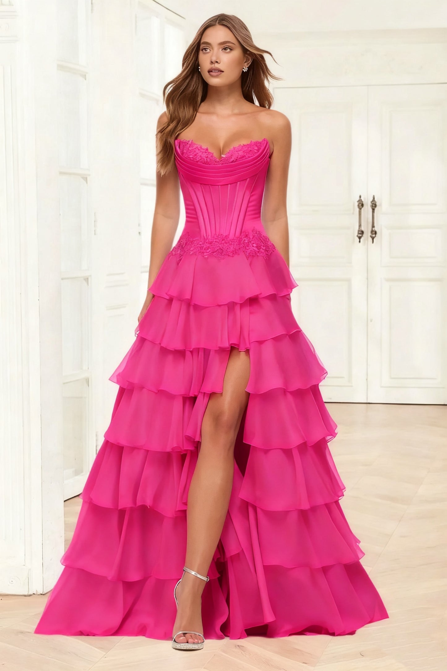 Dressime A Line Sweetheart Corset Ruffled Tiered Long Prom Dress With Appliques