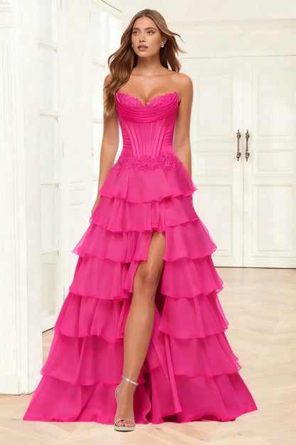 Dressime A Line Sweetheart Corset Ruffled Tiered Long Prom Dress With Appliques