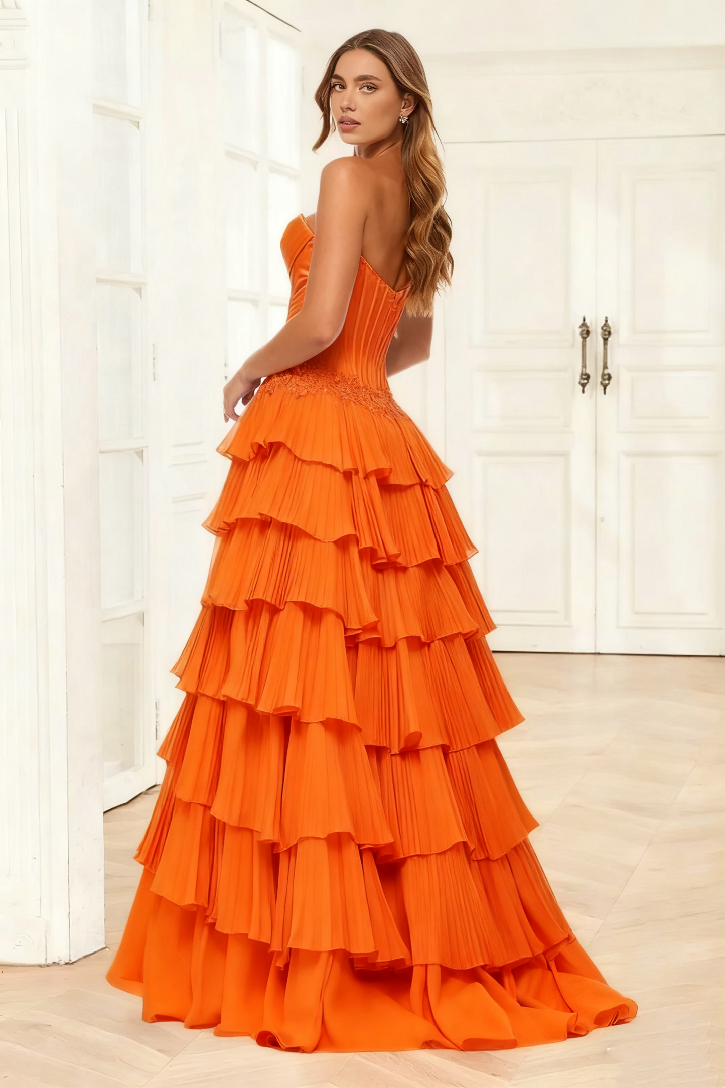 Dressime A Line Sweetheart Corset Ruffled Tiered Long Prom Dress With Appliques