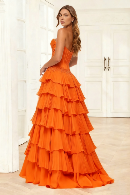 Dressime A Line Sweetheart Corset Ruffled Tiered Long Prom Dress With Appliques