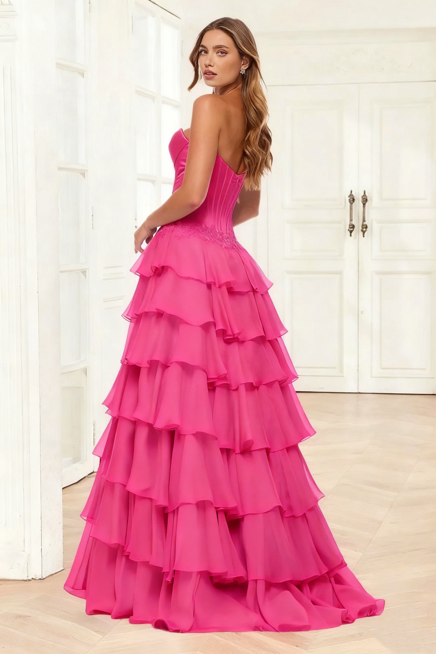 Dressime A Line Sweetheart Corset Ruffled Tiered Long Prom Dress With Appliques