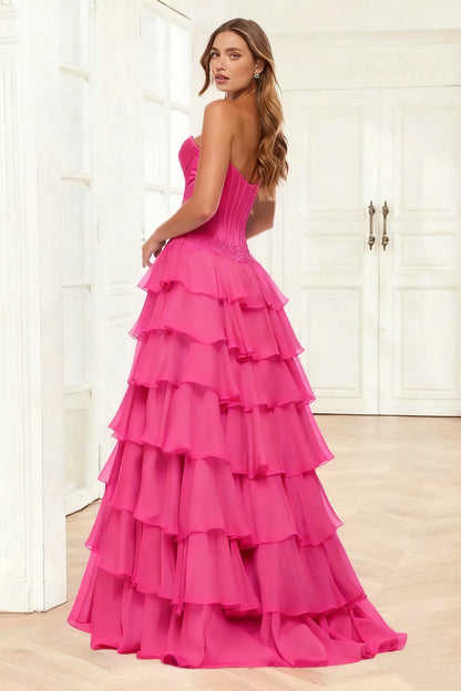 Dressime A Line Sweetheart Corset Ruffled Tiered Long Prom Dress With Appliques