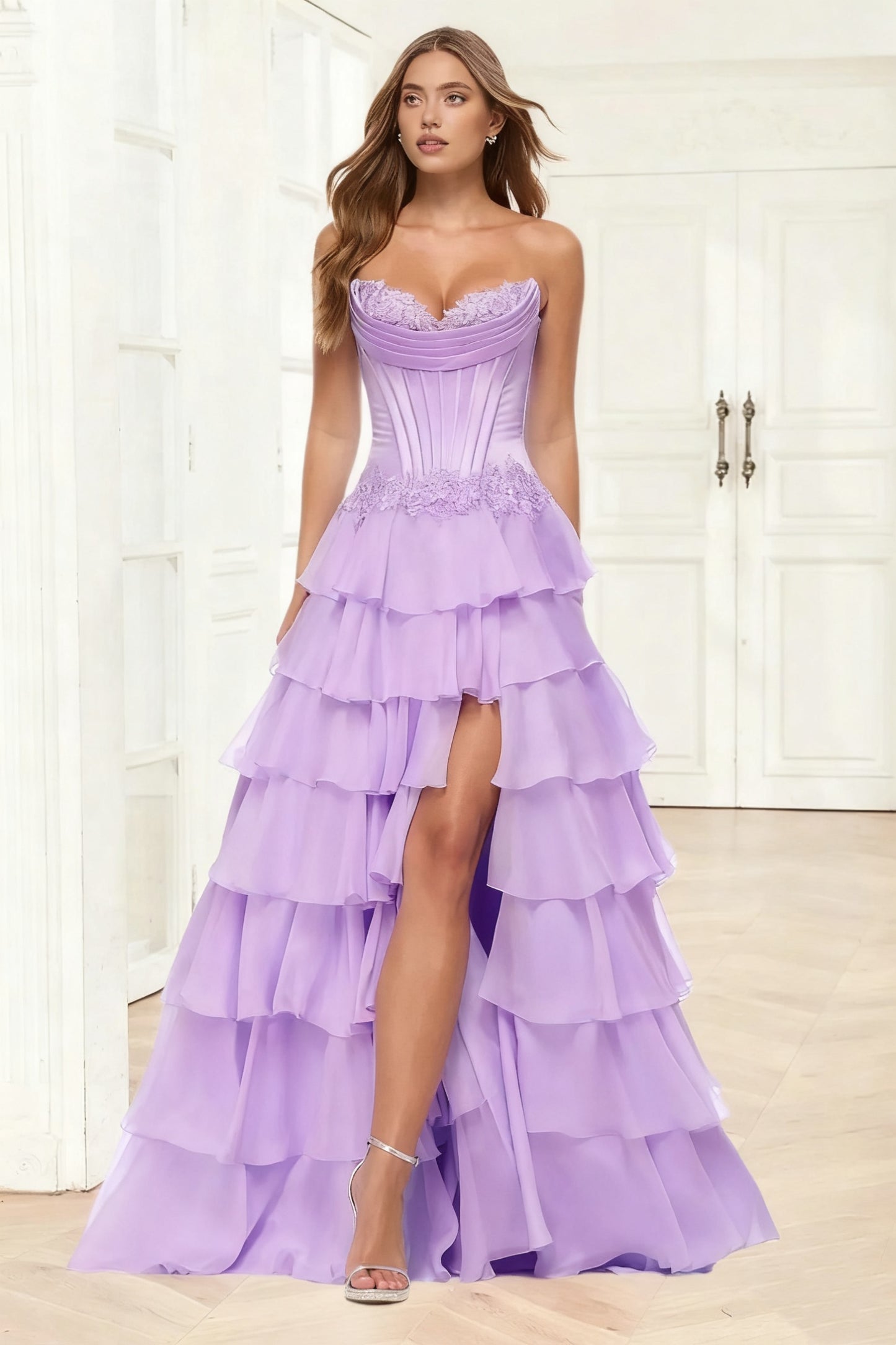 Dressime A Line Sweetheart Corset Ruffled Tiered Long Prom Dress With Appliques