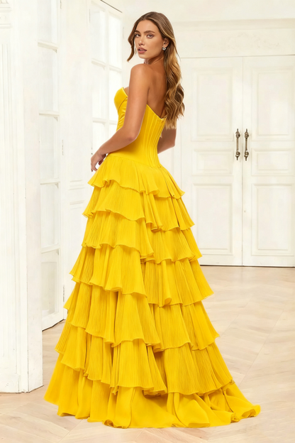 Dressime A Line Sweetheart Corset Ruffled Tiered Long Prom Dress With Appliques