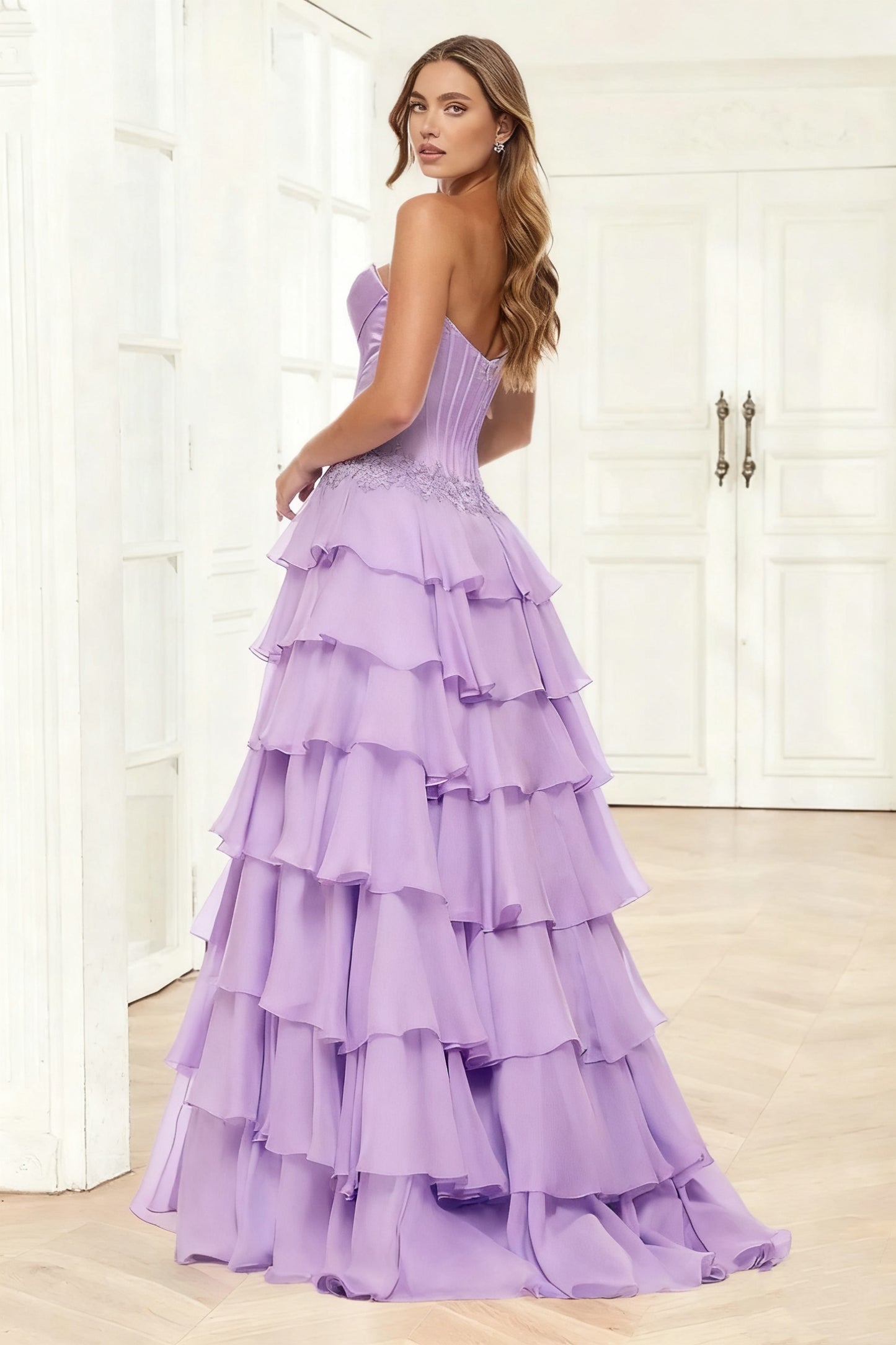 Dressime A Line Sweetheart Corset Ruffled Tiered Long Prom Dress With Appliques