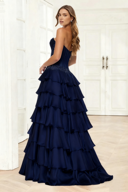 Dressime A Line Sweetheart Corset Ruffled Tiered Long Prom Dress With Appliques