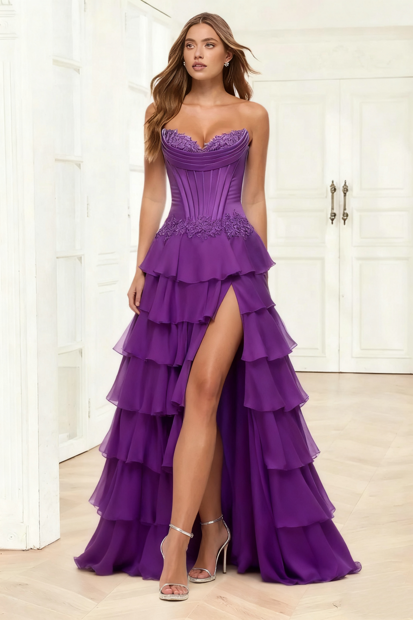 Dressime A Line Sweetheart Corset Ruffled Tiered Long Prom Dress With Appliques